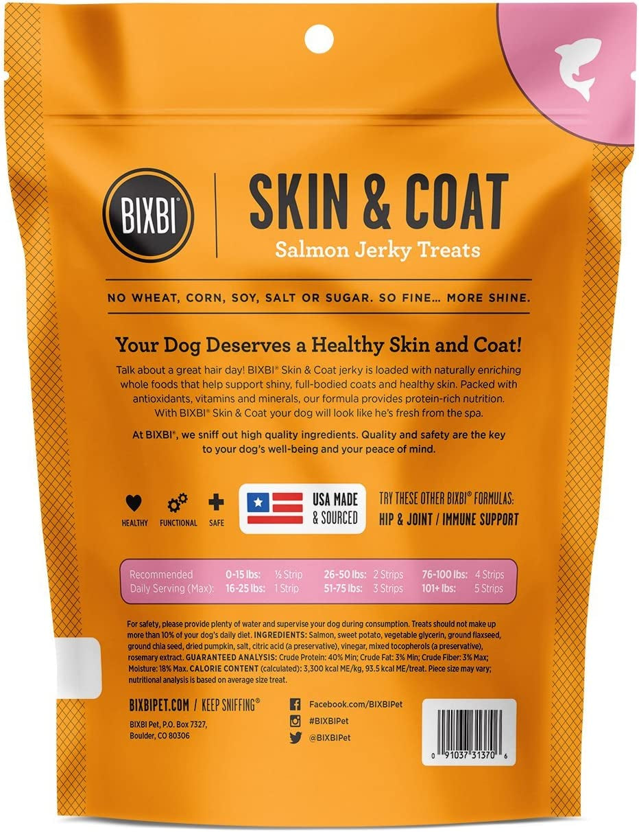 BIXBI Skin & Coat Support Salmon Jerky Dog Treats, 4 Oz - USA Made Grain Free Dog Treats - Antioxidant Rich
