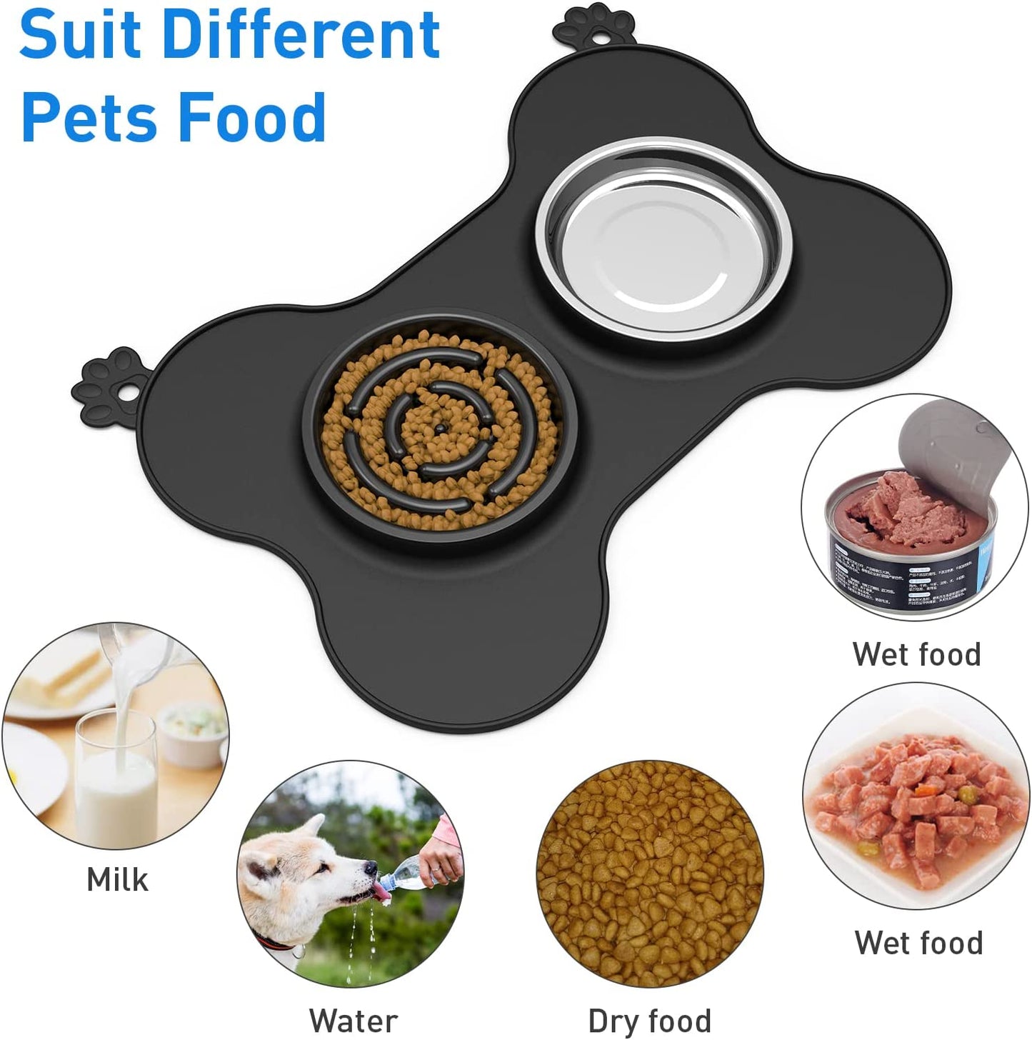 Slow Feeder Dog Bowls Food and Water Bowls with Non Spill and Non Skid Silicone Mat