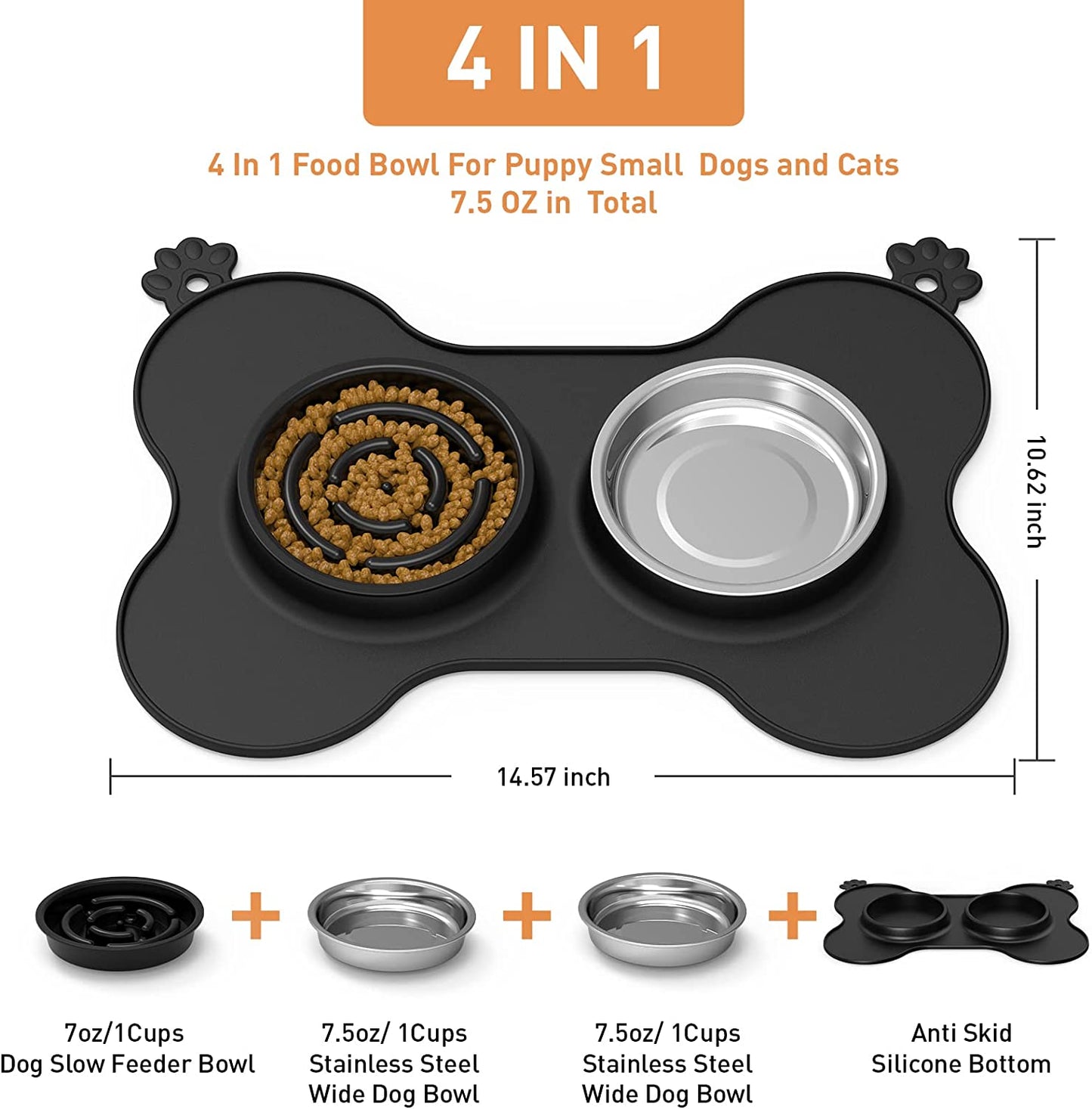 Slow Feeder Dog Bowls Food and Water Bowls with Non Spill and Non Skid Silicone Mat