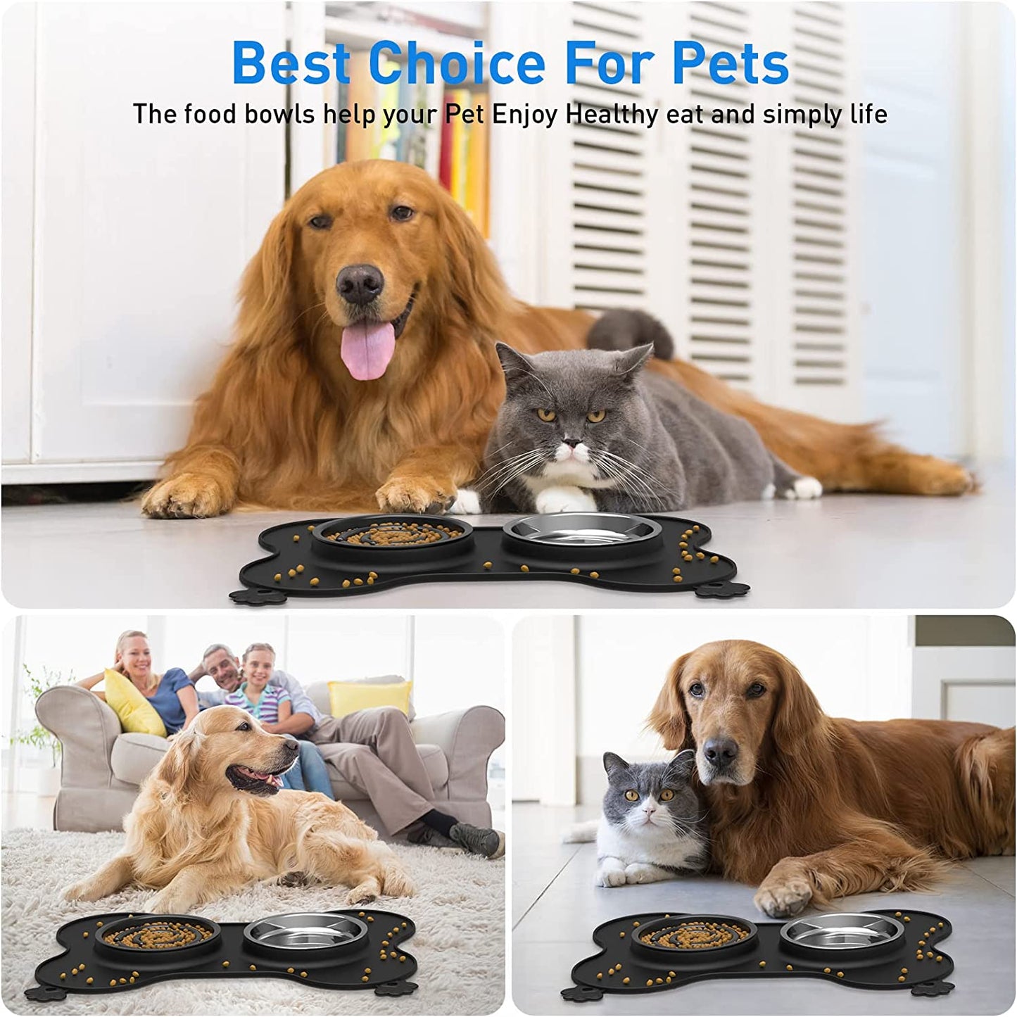 Slow Feeder Dog Bowls Food and Water Bowls with Non Spill and Non Skid Silicone Mat