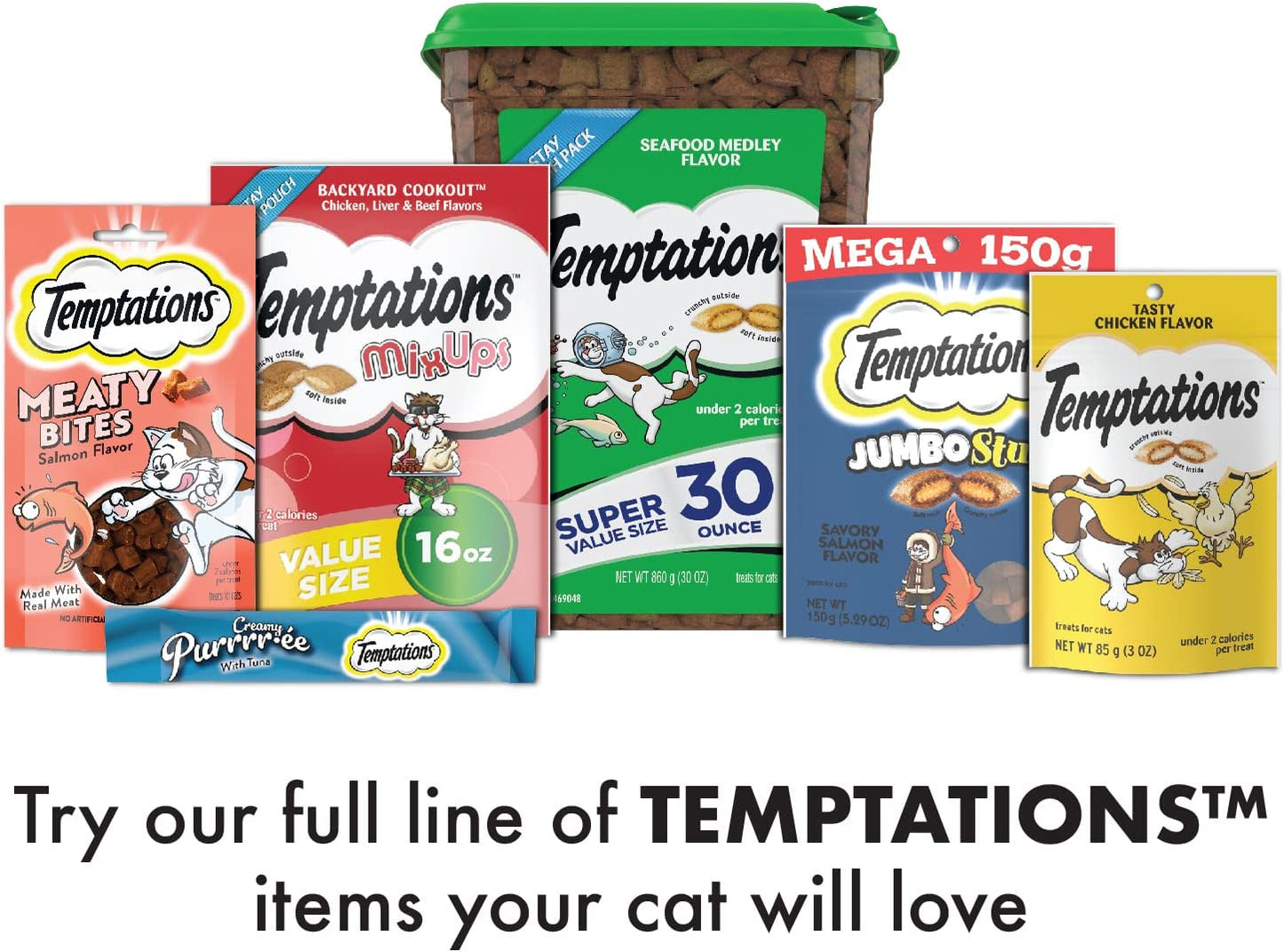 TEMPTATIONS Classic Crunchy and Soft Cat Treats Seafood Medley Flavor, 30 Oz. Tub