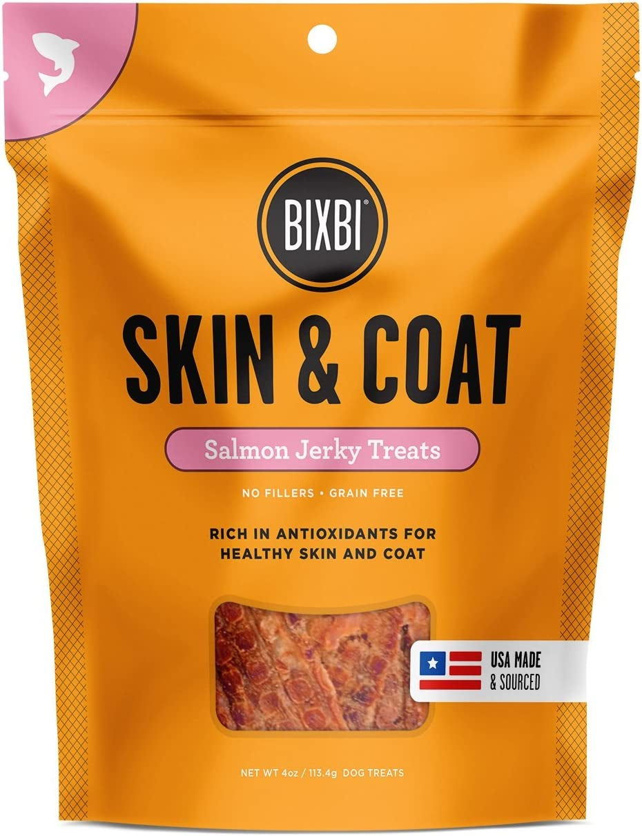 BIXBI Skin & Coat Support Salmon Jerky Dog Treats, 4 Oz - USA Made Grain Free Dog Treats - Antioxidant Rich