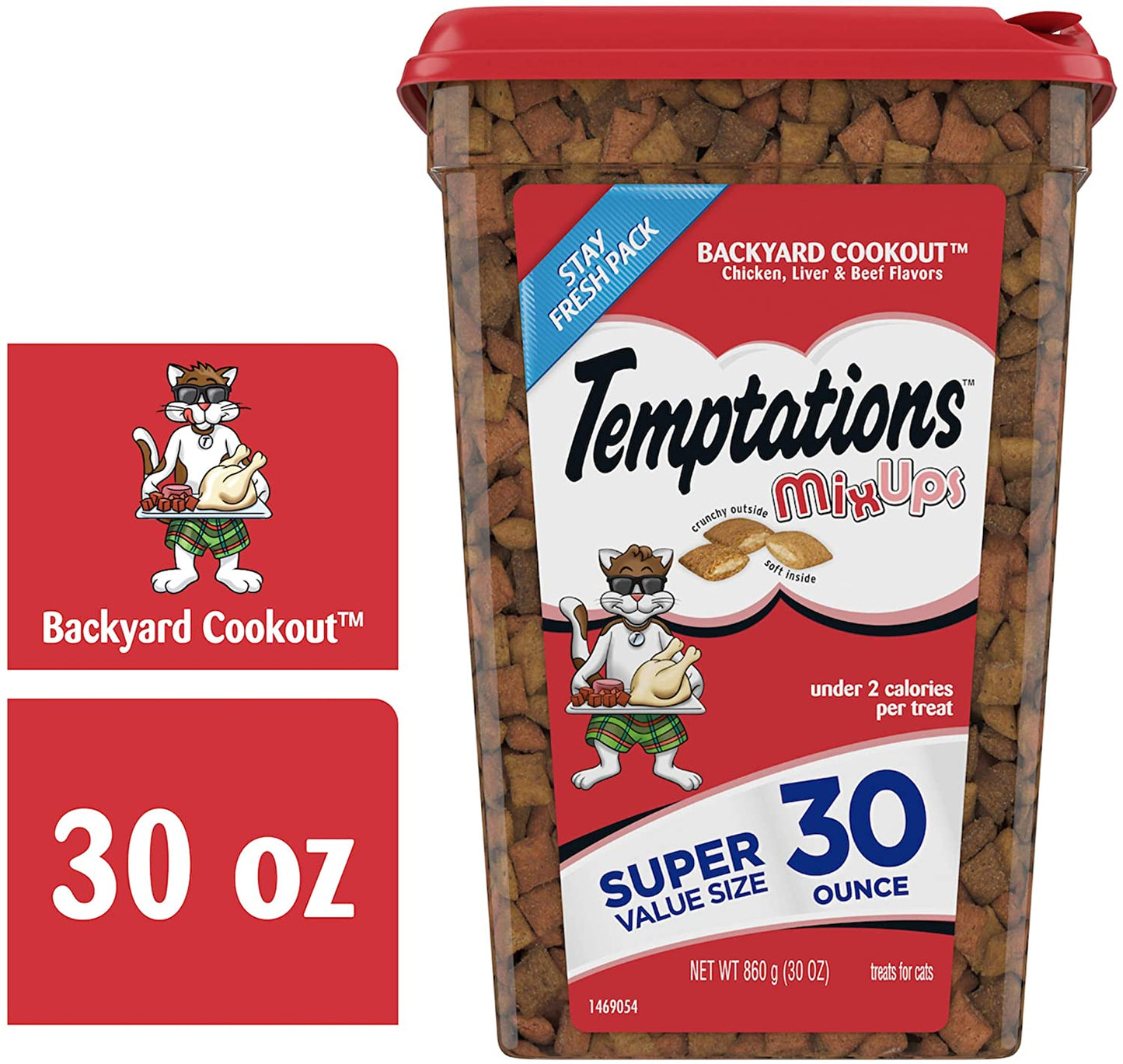 TEMPTATIONS MIXUPS Crunchy and Soft Cat Treats Backyard Cookout Flavor, 30 Oz. Tub