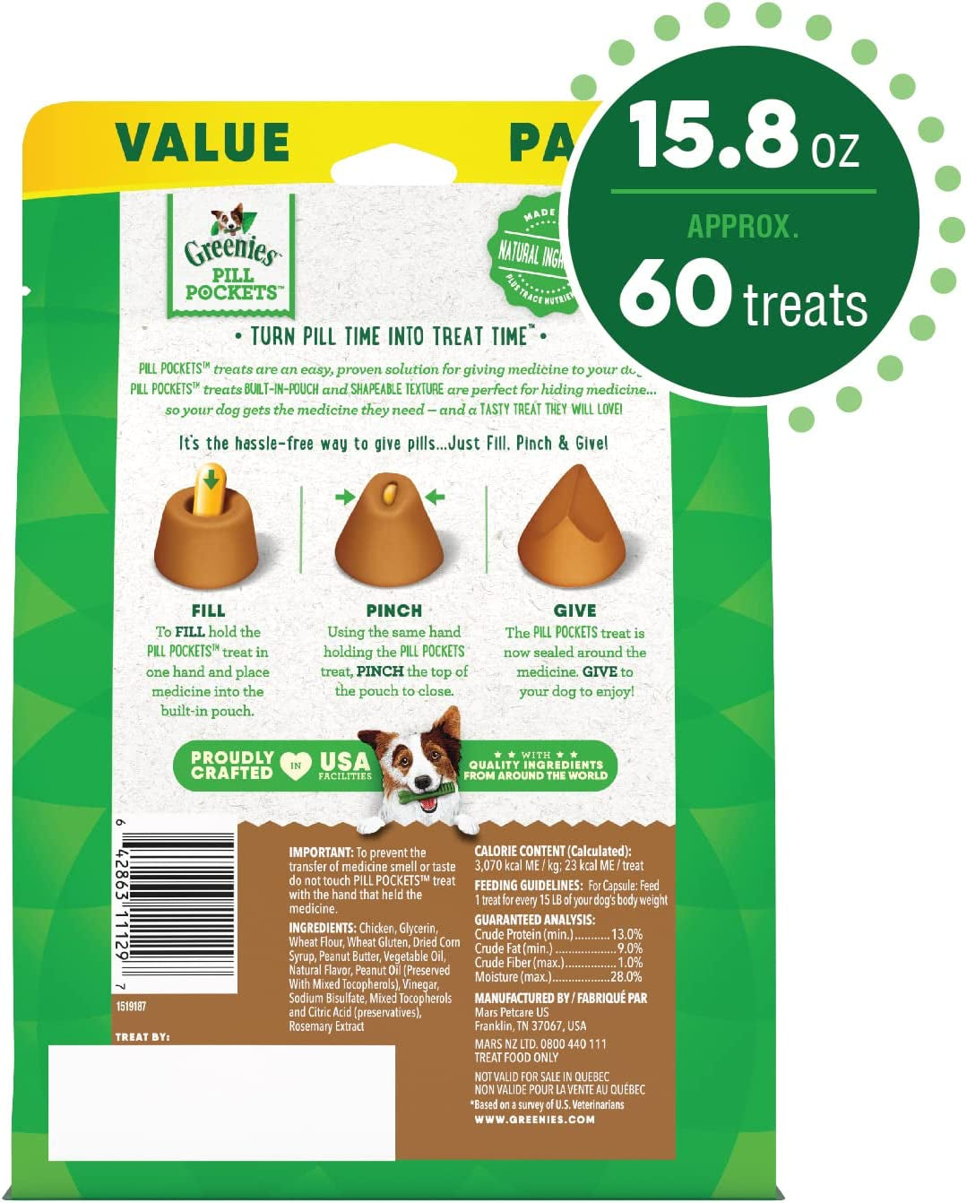 GREENIES PILL POCKETS for Dogs Capsule Size Natural Soft Dog Treats with Real Peanut Butter (60 Treats)