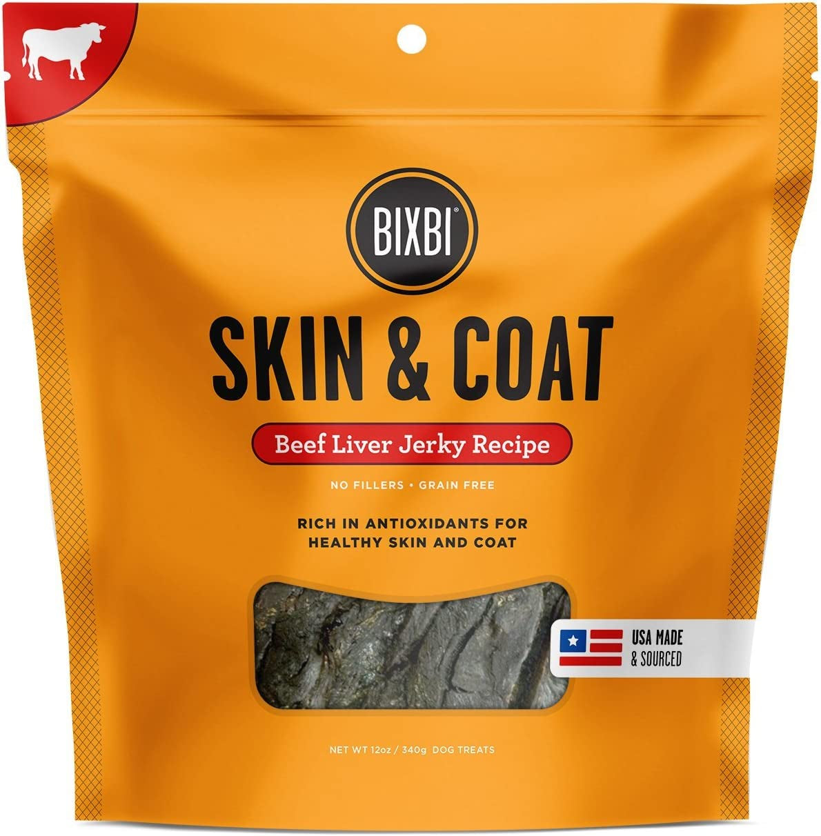 BIXBI Skin & Coat Support Beef Liver Jerky Dog Treats, 12 Oz - USA Made Grain Free Dog Treats - Antioxidant Rich 