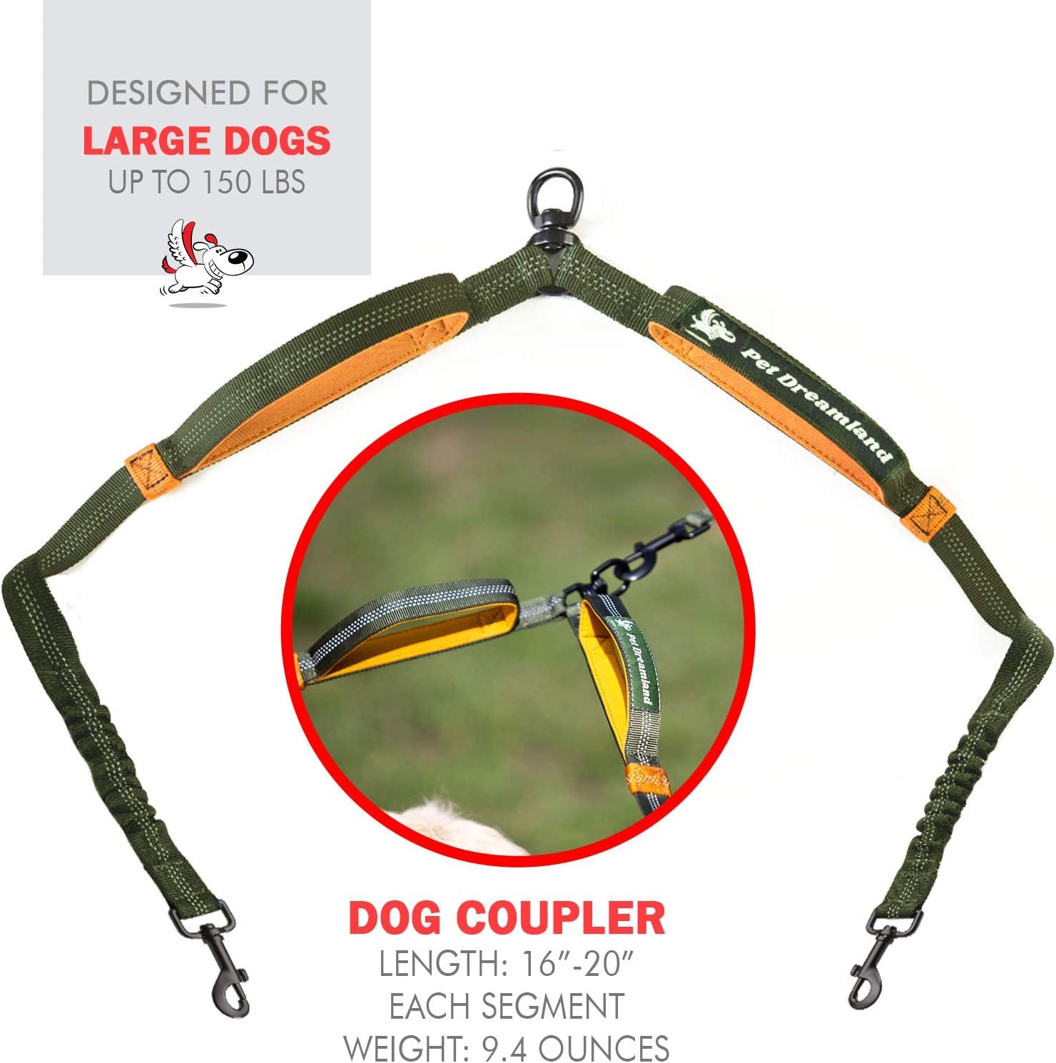Dog Coupler 360 Leash Splitter for Two Large Dogs | No Tangle, Shock Absorbing Reflective Bungee