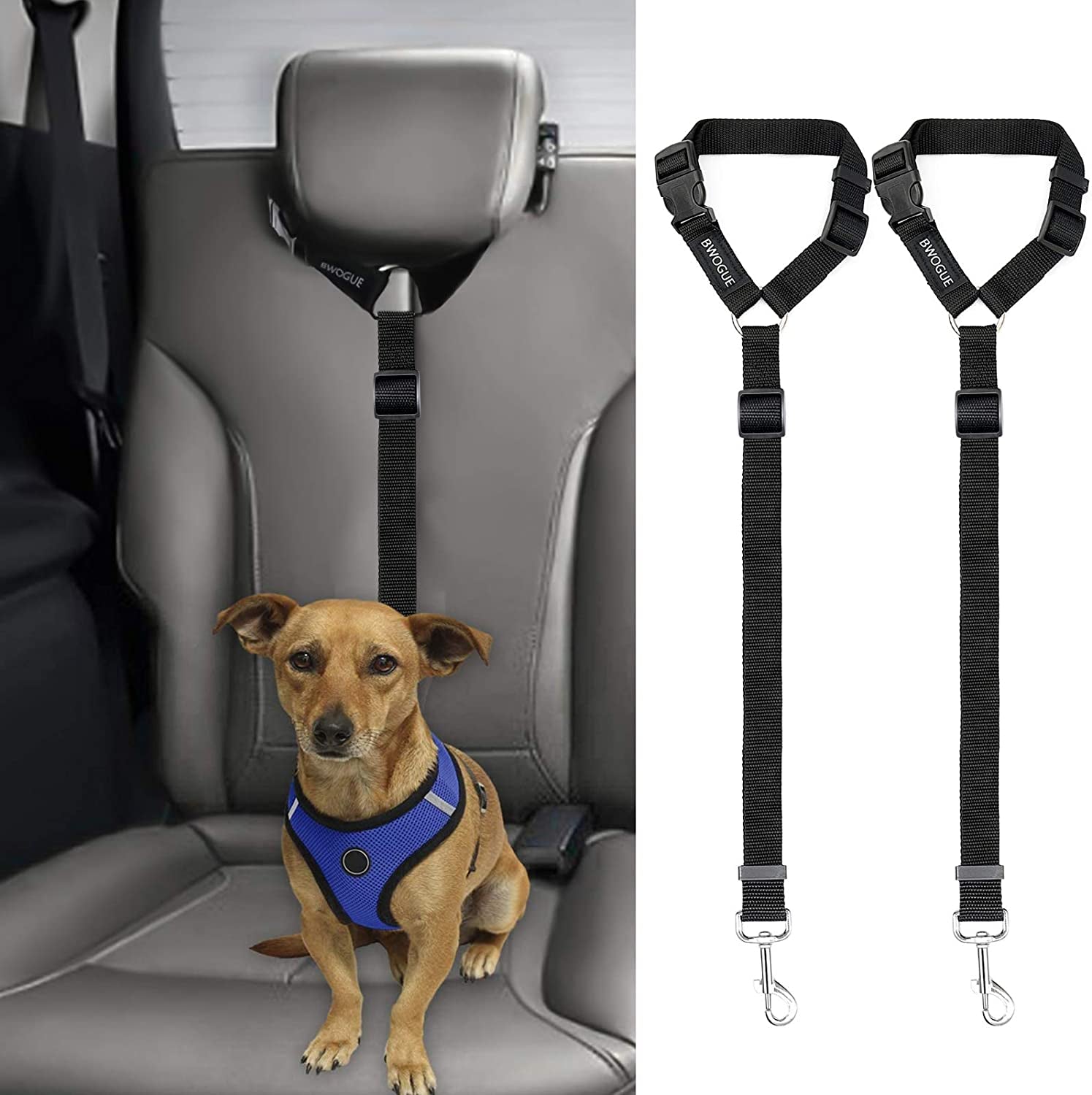 2 Packs Dog Cat Safety Seat Belt Strap Car Headrest Restraint Adjustable Nylon Fabric Dog Restraints Vehicle Seatbelts Harness