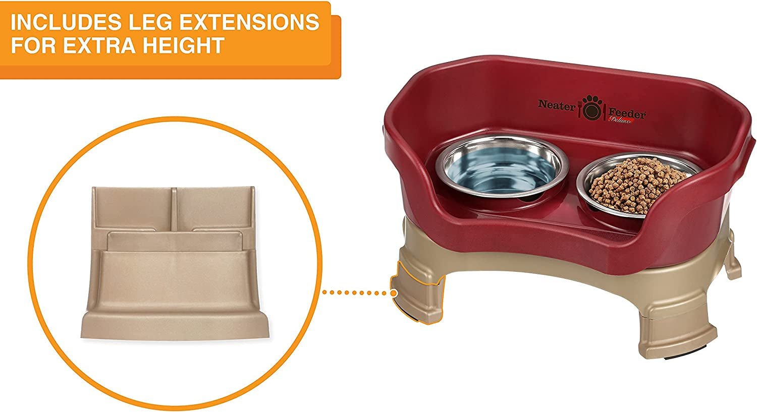 Neater Feeder Deluxe with Leg Extensions for Cats - Mess Proof Pet Feeder with Stainless Steel Food & Water Bowls - Drip Proof, Non-Tip, and Non-Slip - Cranberry