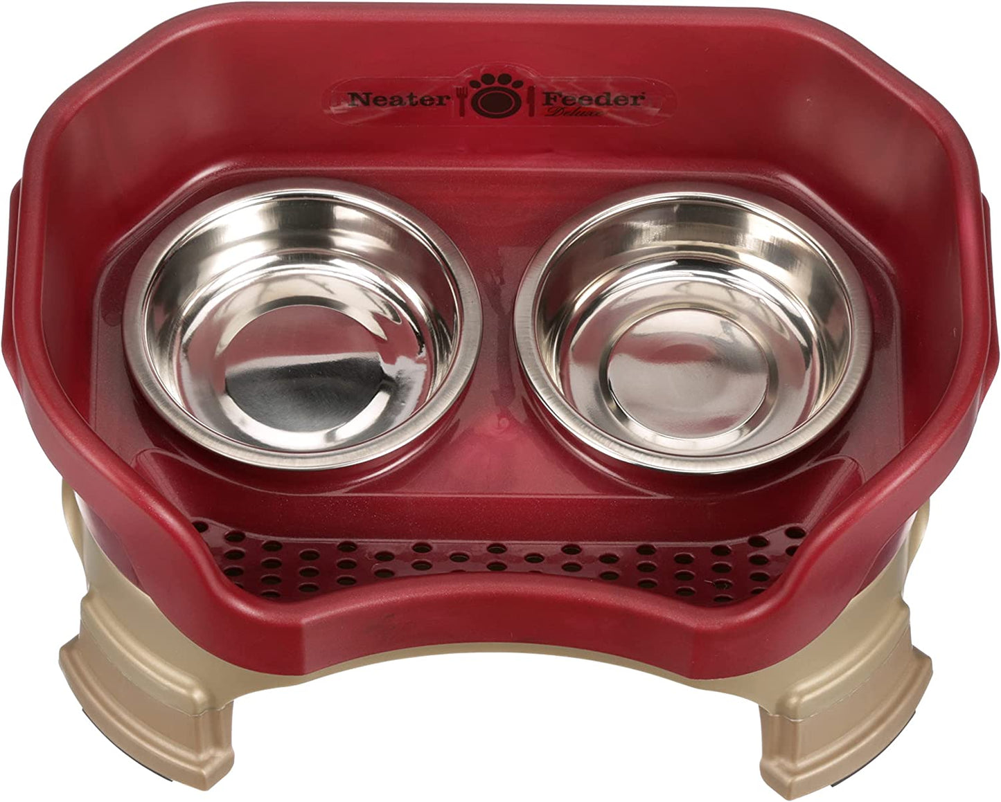 Neater Feeder Deluxe with Leg Extensions for Cats - Mess Proof Pet Feeder with Stainless Steel Food & Water Bowls - Drip Proof, Non-Tip, and Non-Slip - Cranberry