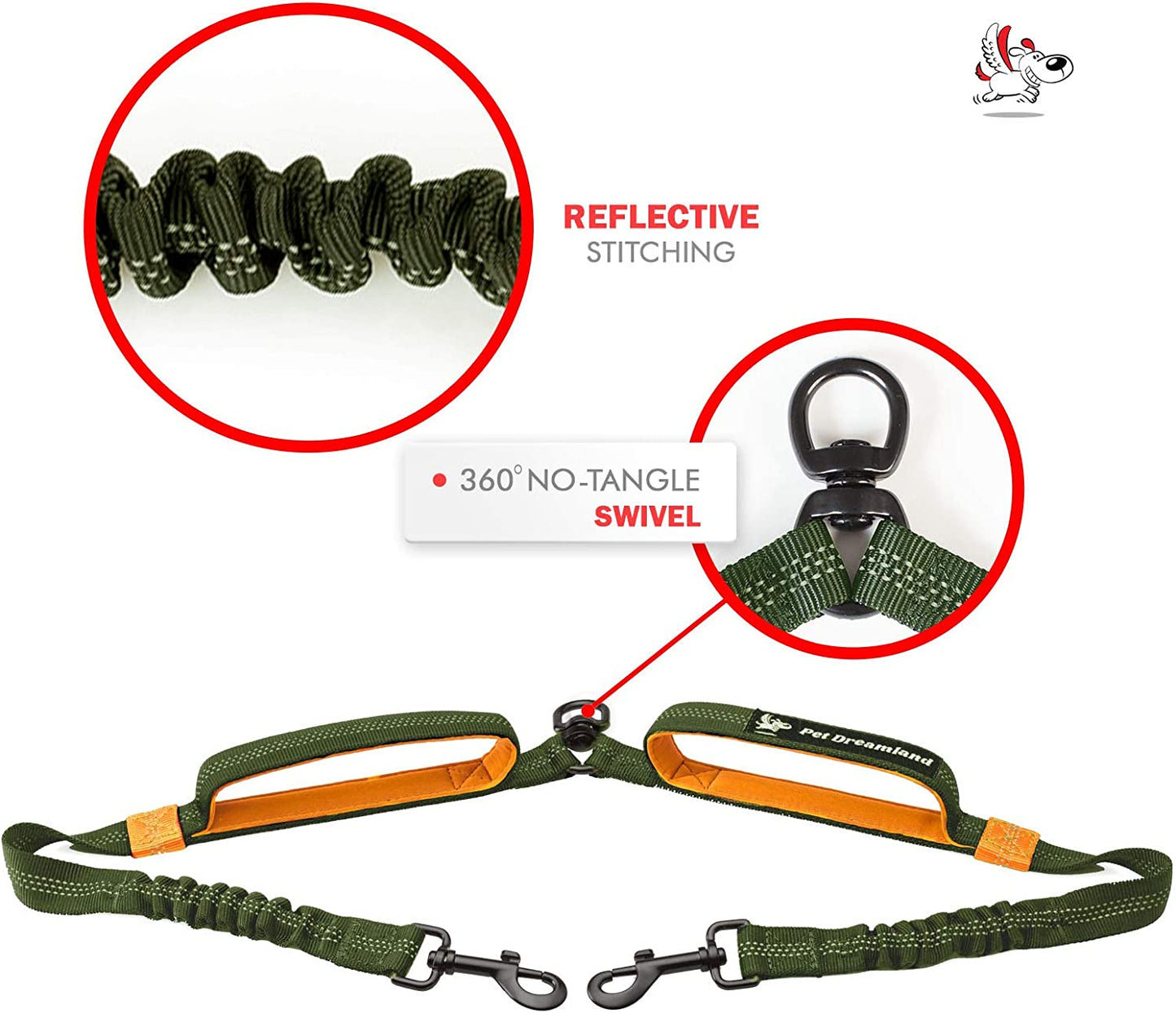 Dog Coupler 360 Leash Splitter for Two Large Dogs | No Tangle, Shock Absorbing Reflective Bungee