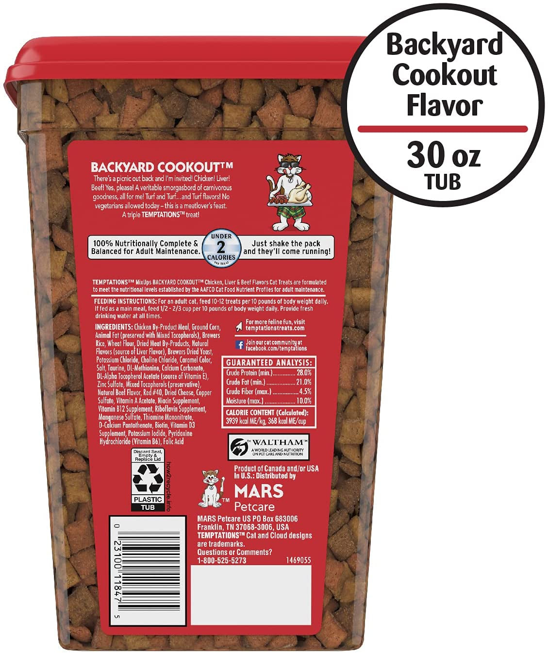 TEMPTATIONS MIXUPS Crunchy and Soft Cat Treats Backyard Cookout Flavor, 30 Oz. Tub