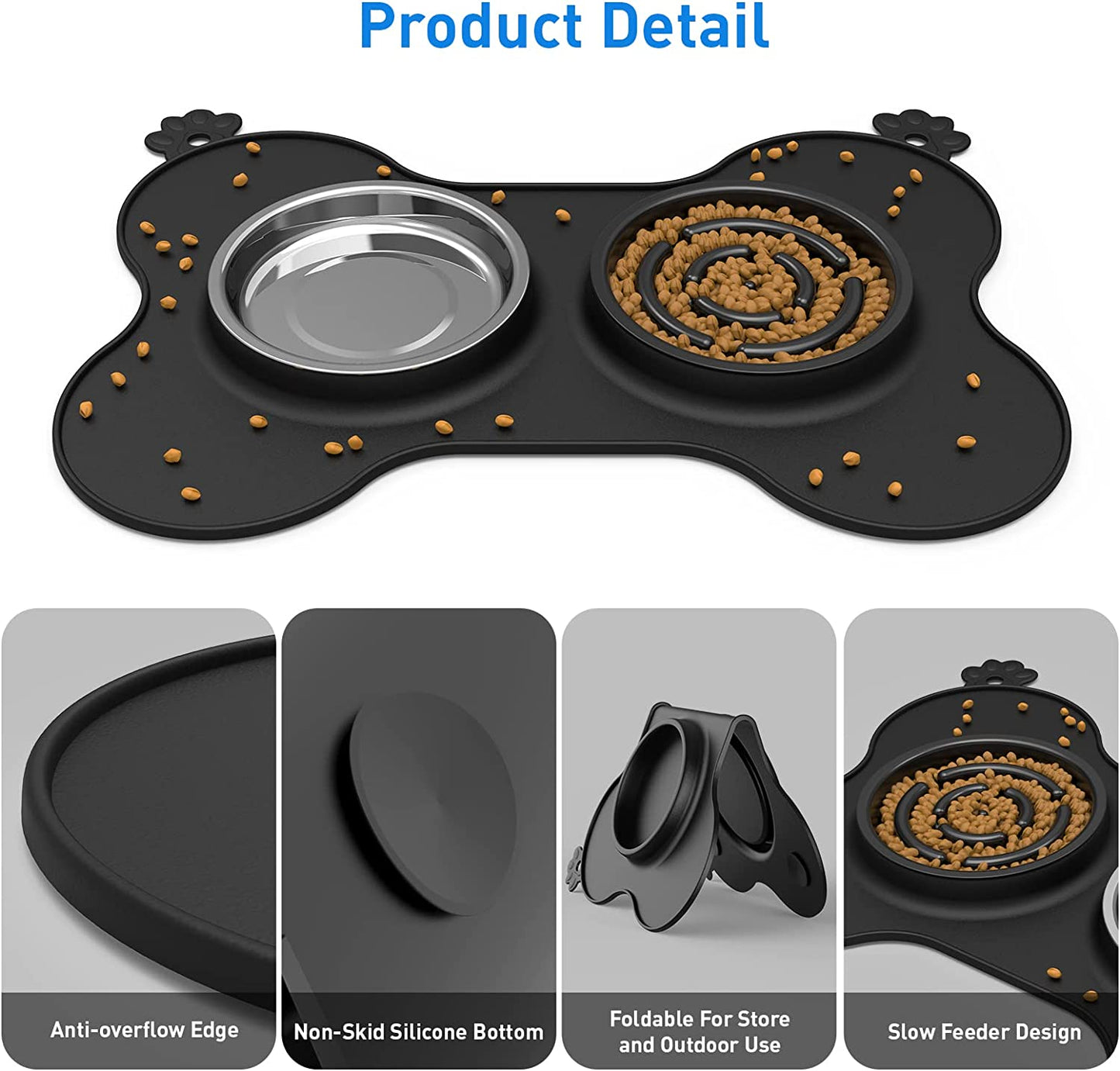 Slow Feeder Dog Bowls Food and Water Bowls with Non Spill and Non Skid Silicone Mat 