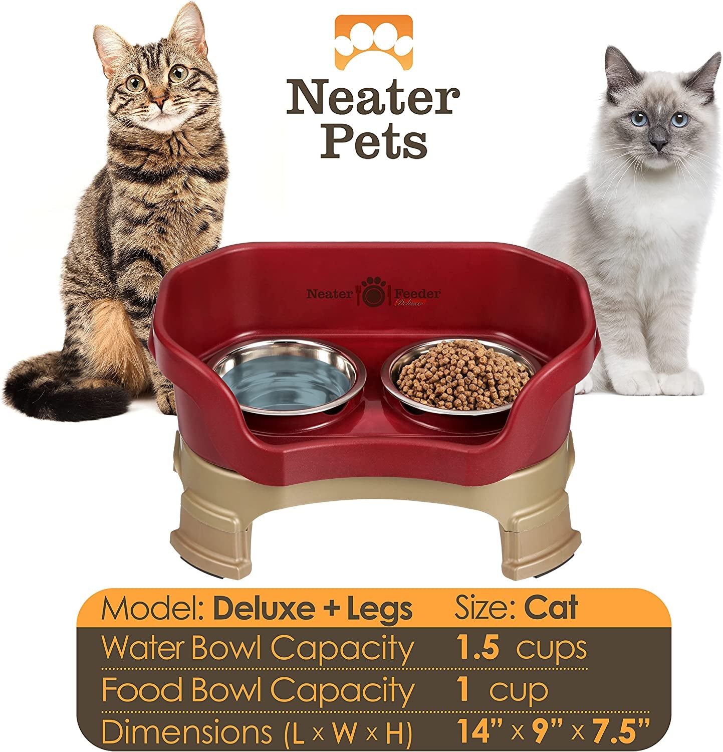 Neater Feeder Deluxe with Leg Extensions for Cats - Mess Proof Pet Feeder with Stainless Steel Food & Water Bowls - Drip Proof, Non-Tip, and Non-Slip - Cranberry