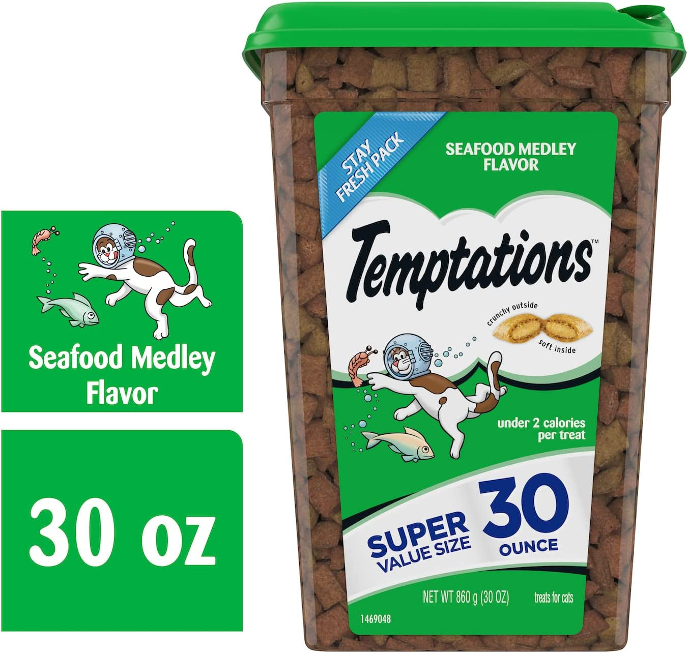 TEMPTATIONS Classic Crunchy and Soft Cat Treats Seafood Medley Flavor, 30 Oz. Tub