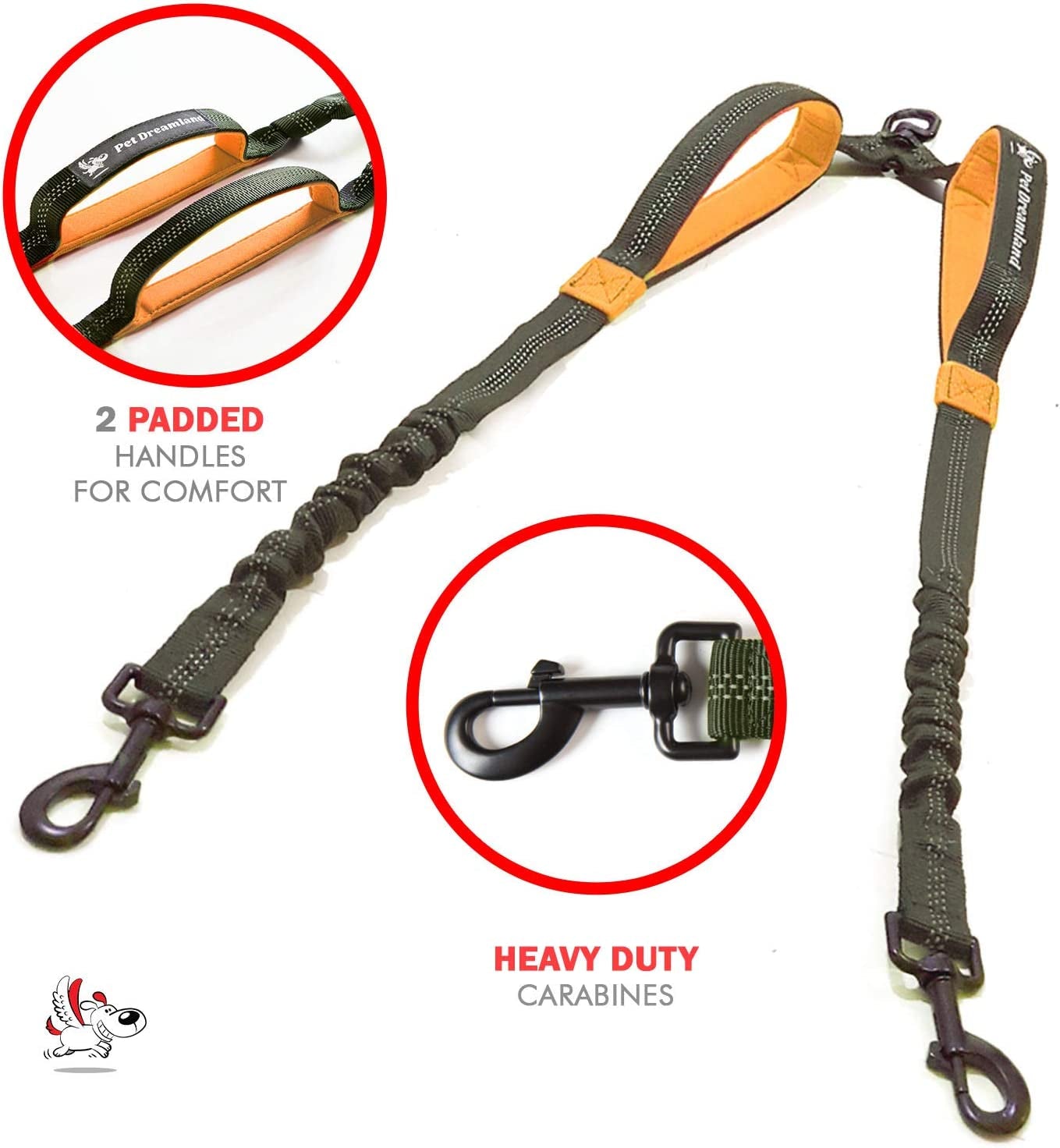 Dog Coupler 360 Leash Splitter for Two Large Dogs | No Tangle, Shock Absorbing Reflective Bungee