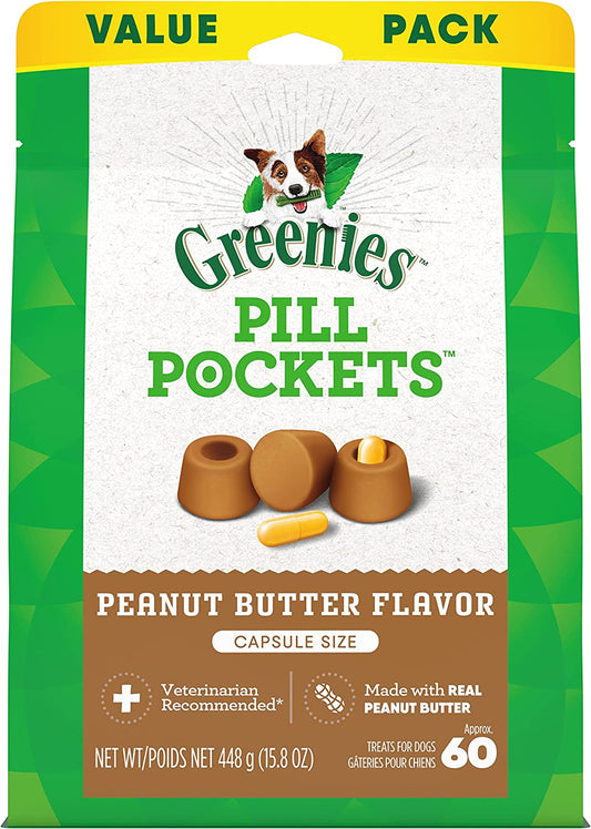 GREENIES PILL POCKETS for Dogs Capsule Size Natural Soft Dog Treats with Real Peanut Butter (60 Treats)