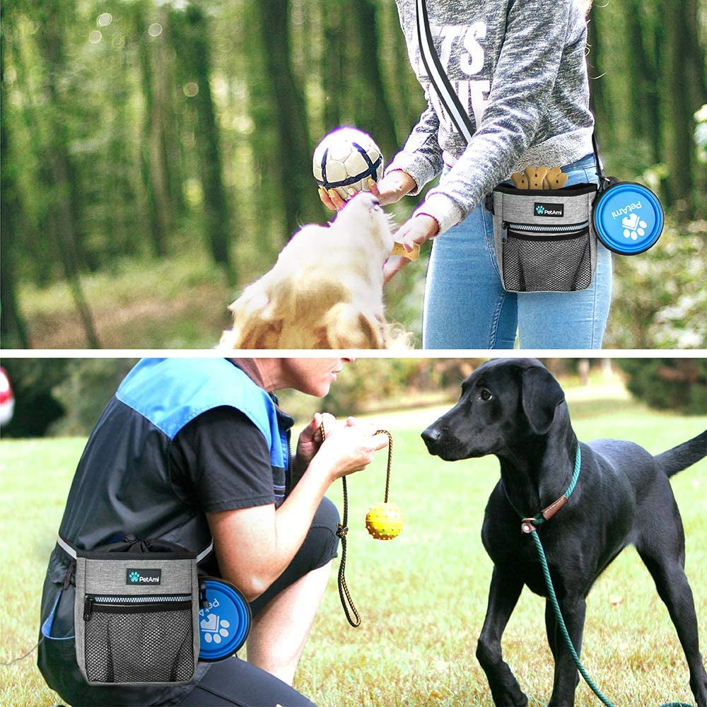 Dog Training Pouch Bag with Waist Shoulder Strap, Poop Bag Dispenser and Collapsible Bowl 