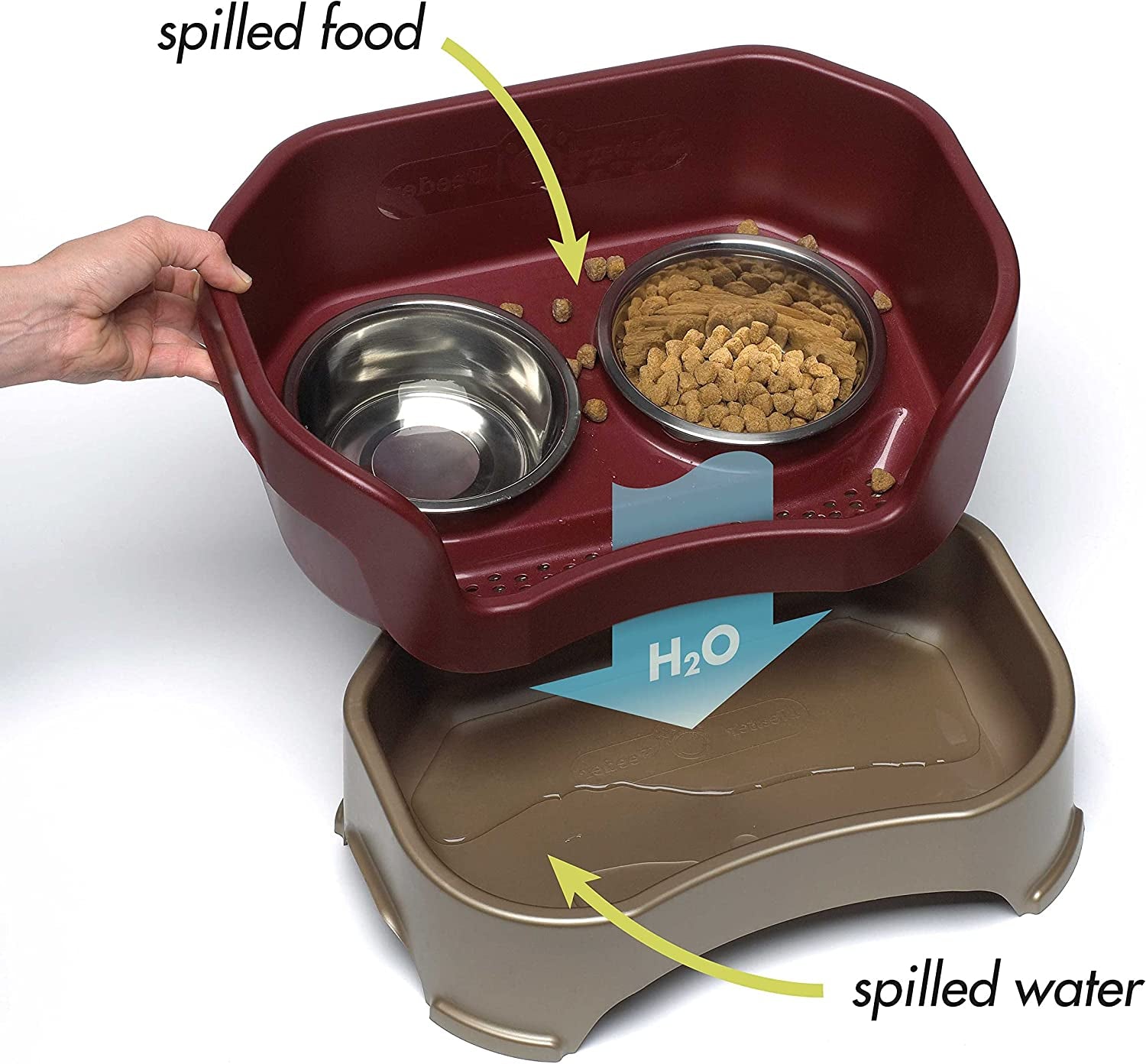 Neater Feeder Deluxe with Leg Extensions for Cats - Mess Proof Pet Feeder with Stainless Steel Food & Water Bowls - Drip Proof, Non-Tip, and Non-Slip - Cranberry